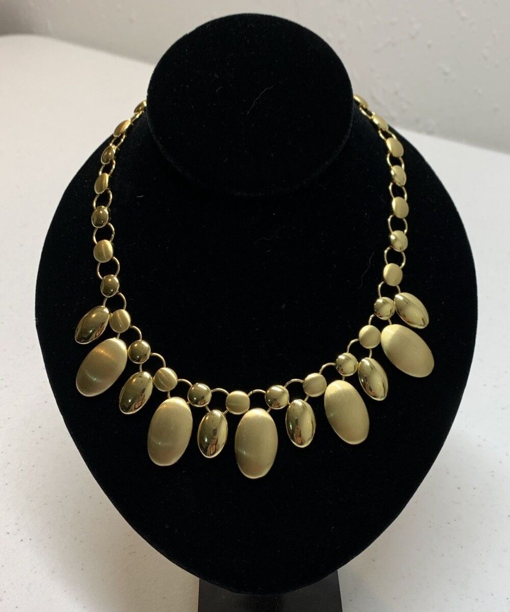 Vintage Gold Tone Matte Polished Bib Necklace Statement Dangles Signed FD 18”